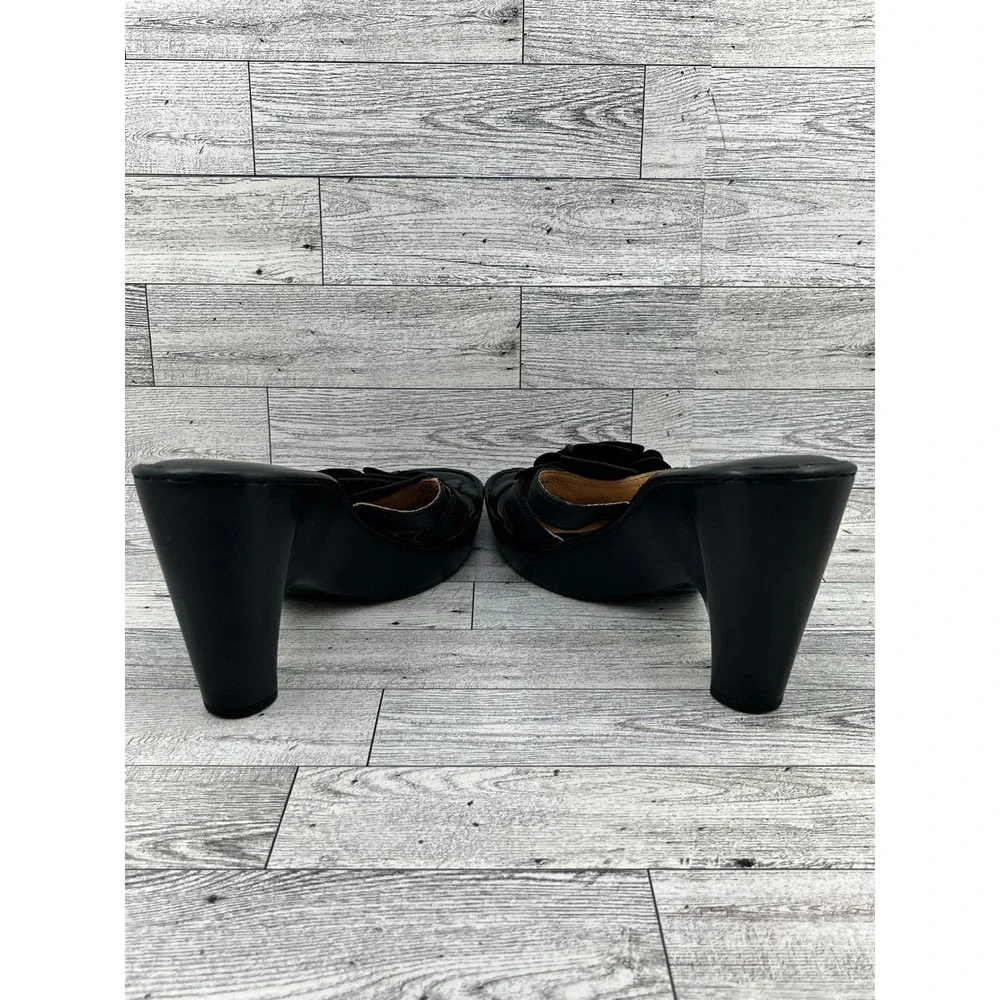 Born Black Leather Wedge Sandals Floral Rosette Slip On Mules Platform Women 10